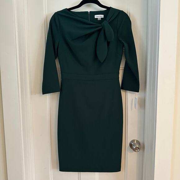 Calvin Klein Dark Green NWT Women's Dress Tie Neck Sheath - Picture 1 of 16